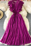 Purple/Green/Red Lace Midi Dress Women Sweet Round Neck Ruffle Vestidos Female High Waist Slim Robe Spring Autumn