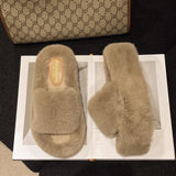 Base Simple Hairy Slippers Women Wear 2025 Autumn And Winter New Korean Version Of Home Toe A Word Wool Cotton