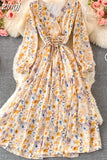 Autumn Women Floral Chiffon Midi Dress Vintage V-Neck Flare Long Sleeve High Waist A-Line Vestidos Female New