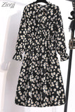 Women Casual Spring Autumn Dress Korean Style Vintage Floral Printed Shirt Dress Long Sleeve Elegant Bow Midi Summer