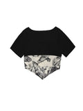 Hem Short Sleeve Crop Top Women's Y2k Patchowork Fake 2 Piece Tee Summer 2023 Vintage Sexy Club Party Costume
