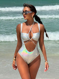 2024 Sexy Empty Drawstring New Laser Bright Face Swimsuit Swimsuit