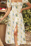 Women Floral Print Long Dress Summer Chic Short Sleeve Square Collar Split A Line Party Sundress Ladies Holiday Beach