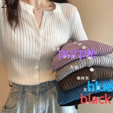 Women Slim Solid Fashion Single-breasted All-match Simple Korean Knitting V-neck Fall Female Chic Vintage