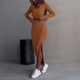 And Winter 2025 New Women's Pure Color Knitted Round Collar Collar Collar Long Sleeve Open Fork Dress Two Sets Of