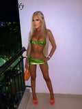 Women New Y2K Beach Style Green Color Blocking Printed Bikini Sets Asymmetrical Halter Strapless Tops&Shirring Skirt