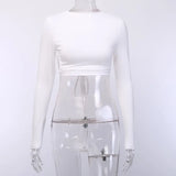 Backless Tshirt Crop Tops Women Slim Elastic Fashion Lace up Hollow Out Women Cropped Top Summer Long Sleeve
