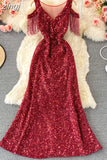 Sequins Party Maxi Dress For Women Sexy V-Neck Short Sleeve High Waist Tassel Long Robe Female Elegant
