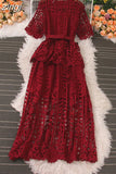 Vintage Women Hollow Out Lace Ruffle Long Dress Elegant Round Neck Short Sleeve High Waist Slim Maxi Party Vestidos