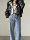Black Leather Jacket with Drawstring and Collar