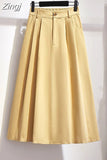 Women Cotton Skirt 2023 Spring Summer Preppy Style Solid Casual Elegant Pocket Elastic High Waist A-Line Midi Skirts