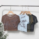 Vintage Wood Ear-Print Letter-Printing Mesh T-Shirt Summer Thin Short-Navel Blouse