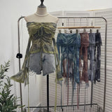 Old-Fashioned Green Shoulder Horn Sleeve Blouse Dye Net Yarn Lace Draw Rope Short T-Shirt