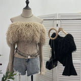 Wind Shoulder Hair Knitted Shirt Girl Short To Make Old Broken Long-Sleeved T-Shirt Top