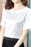 Women's Blouse Satin O-Neck Short shirts Pretty and Cheap White Print Silk Fashion Women Blouses 2023 Elegant Summer Female