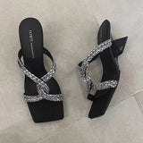 Square Head Diamond Slippers Women's Summer Wear New Transparent High-Heeled Shoes Summer Coarse Heel Cool Drag In The Design