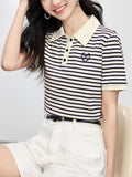 Striped Embroidery POLO Shirt 2025 Summer New Bing Color Reduction Women's Short-Sleeved