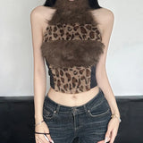 Collar Hanging Neck Sleeveless Leopard-Print Vest Women's Sexy Style Pure Desire To Repair Short-Term Dew