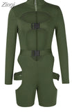 Women Bodycon Buckle Cut Out Biker Rompers Sexy Long Sleeves Hollow Out Clubwear Bodysuit One Piece Short Jumpsuit