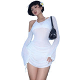 Zingj Spring And Summer New Sexy Fashion Wrinkle Hood Perspective Diagonal Collar Seaside Beach