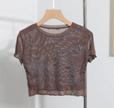 Vintage Wood Ear-Print Letter-Printing Mesh T-Shirt Summer Thin Short-Navel Blouse