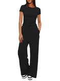 Suit Folding 2025 New Solid Short-Sleeved Top High-Rise Broad Leg Pants