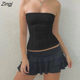 Women Sleeveless Vest Solid Color Strapless Vertical Lines Tank Tops Street Style Skinny Tube Tops