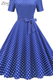 Dot Vintage Dress Women Summer Elegant Short Sleeve Square Collar A-Line Midi Party Sundress 50s 60s Vestidos Plus