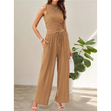 Summer Knitting Casual Suit Sleeveless Round Collar Short Repair Body Broad Leg Pants Two