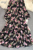 Vintage Floral Chiffon Long Dress Elegant O-Neck Puff Sleeve High Waist A-Line Ruffle Hem Vacation Beach Maxi