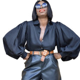 Loose Lady Sexy Tops Lantern Sleeve Vintage Silk Shirt Women Single-breasted Backless Satin Blouse Women Blusas New