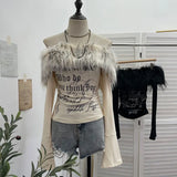 Shot Hair Collar Print Shoulder Horn Long-Sleeved T-Shirt Repair Short Picties Shoulder Grinding Top