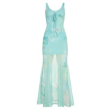 Chinese Chinese Light Green Shoulder Butterfly Print Fishtail Sling Skirt Sexy Hip Through Mesh
