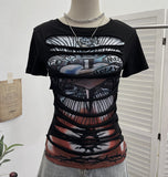 Rock Gothic 2025 Summer Dress Hole Design Feel Short-Sleeved Printed T-Shirt