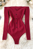 Slash Neck Long Sleeve Bodysuit Autumn 2023 Single Breasted Playsuit Red/Gray/Black Sexy Knitted Rompers New Fashion
