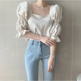 Chic Sweet Women Solid Tops 2023Summer Blouse Square Collar Shirring Bubble Sleeve Blouse Elegant Shirt Blusas