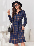 Shirt Women's Dress Plaid Long Sleeves With Long Dress Open