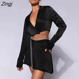 Sexy Shiny Silver Diamond Two Piece Sets Women Outfits Long Sleeve Blazer Mini Skirt Female Autumn Slim Party Skirt