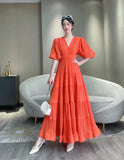 Seaside New Super Layer V-Neck Waist Temperament Famous 100 Fold Dress Short-Sleeved A-Word Dress