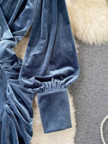 Women Blue Draped Velvet Long Dress Elegant V-Neck Lantern Sleeve High Waist Party Robe Female Autumn Winter 2023 New
