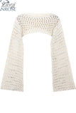 Women's White Knitted Sweater Korean Harajuku Hollow Out Vintage Casual O-Neck Loose Long Sleeved Jumpers Pullover Crop Top