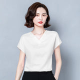 Blouses for Women Fashion Satin Casual T-shirt Solid V-neck Womens Tops Silk Elegant Short Sleeve Blouse Women