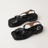 Leather Fashion Jacket Sandals Women 2025 Summer New Flat Heel Shoes Buckle Roman Shoes Sand Stall