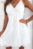 Mini Dress Women White Elegant Dress Female Sexy Sleeveless Spaghetti Strap Dress Ladies Hollow Out Backless Dress