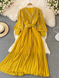 Embroidered Pleated Long Dress Vintage V-Neck Lantern Sleeve High Waist Draped Maxi Vestidos Female 2023
