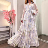 Women's Chiffon Print Dress Open Shirt Swing Belt Fashion Broken Flower Long