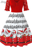 Women Christmas Dress Elegant Puff Long Sleeve Faux Fur Collar Midi Party Costume Xmas New Year Festival