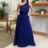 Zingj 2023 New Fashion Solid Color Diagonal Collar Sleeveless Casual High-Waisted Skirt Suit-Outfit
