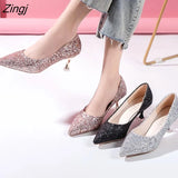 Autumn New Fashion Sequins High Heels Korean Version of The Wild Pointed Shallow Mouth Banquet Wedding Shoes plus size