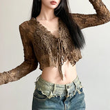 Zingj Wind Texture Sense Lace Stitching Strap V-Neck Cardigan Top Light Smock Long